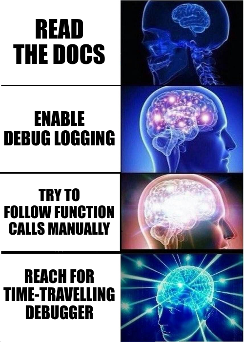 Galaxy brain meme with 4 levels. The first one has the label &ldquo;Read the doc&rdquo;, the second &ldquo;Enable debug logging&rdquo;, the third &ldquo;Try to follow function calls manually&rdquo; and the fourth &ldquo;Reach for time-travelling debugger&rdquo;.